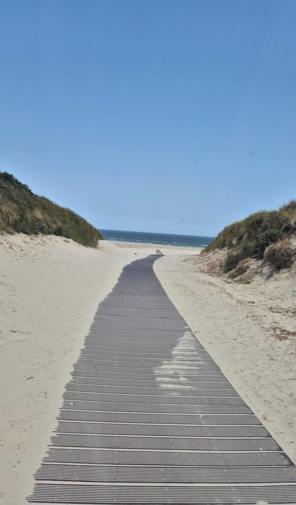 Holzsteg führt durch Dünen zum Strand, umgeben von feinem Sand und klarem Himmel in Norddeutschland 