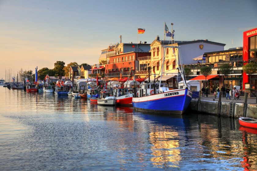 view of a harbor at sunset